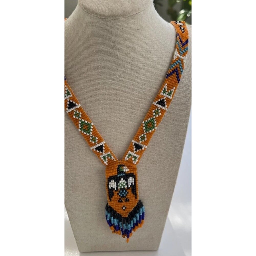 Vintage Blue Multicolored Native American Glass Seed Beadwork Necklace RARE